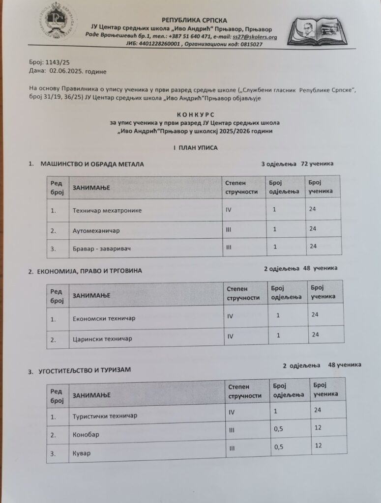 Конкурс за упис ученика у први разред