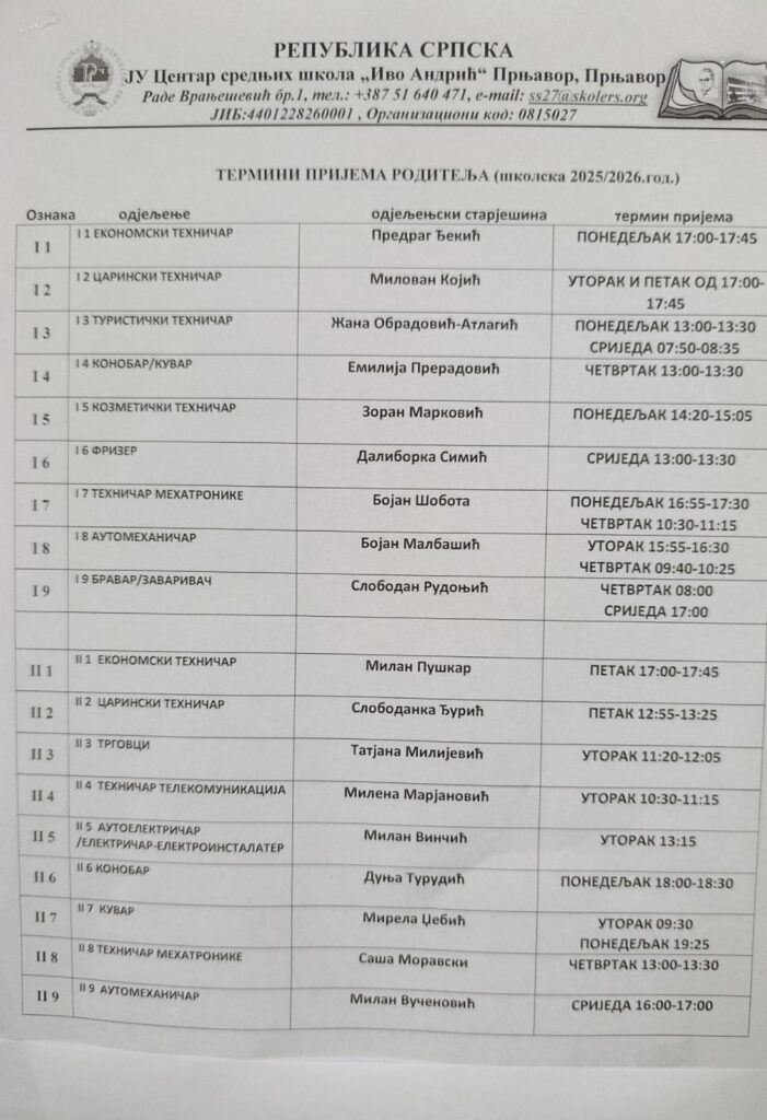 Термини пријема родитеља